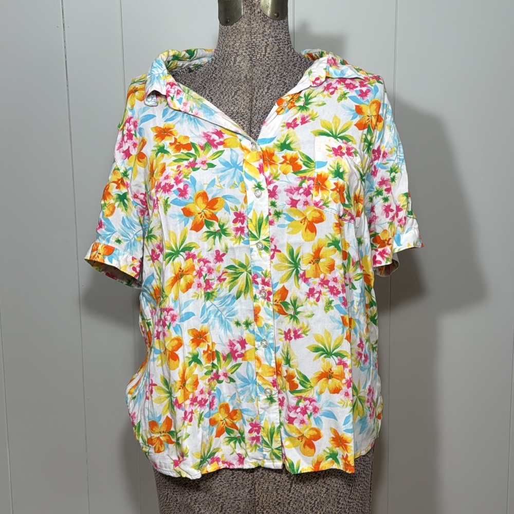 Basic Editions Womens XL Tropical Button Down Shirt Short Sleeve
